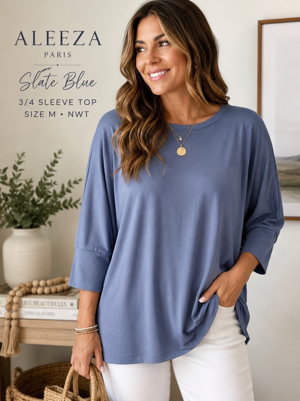 Aleeza Paris Slate Blue Buttery Soft Dolman Sleeve Top Size M NWT